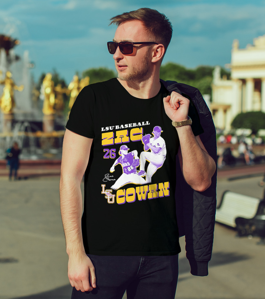 LSU Baseball Zac Cowan 26 Pitching Action Pose T-Shirt