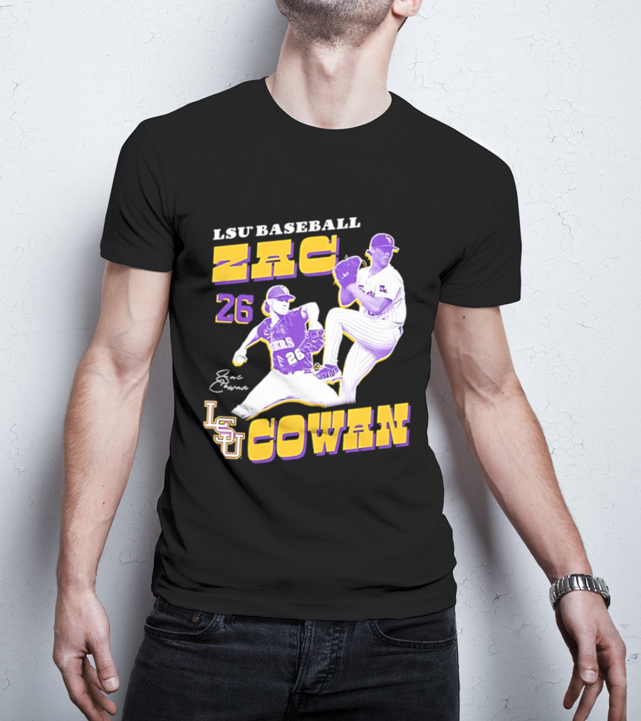 LSU Baseball Zac Cowan 26 Pitching Action Pose T-Shirt