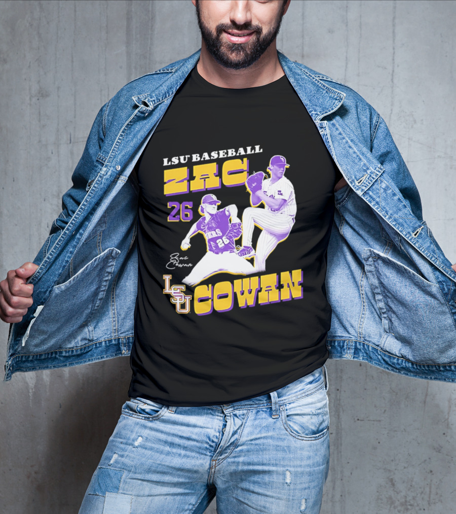 LSU Baseball Zac Cowan 26 Pitching Action Pose T-Shirt