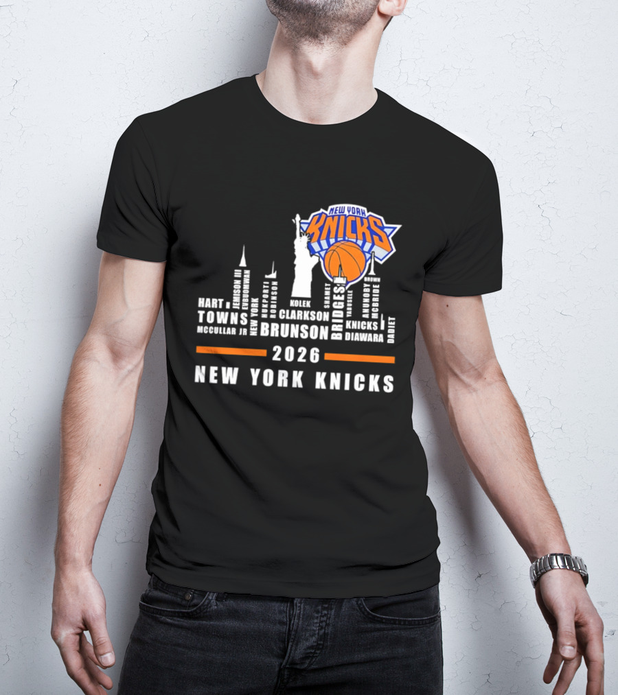 New York Knicks 2026 Team Roster Skyline Statue Of Liberty T-Shirt