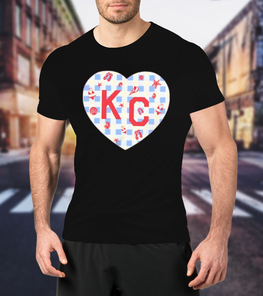 KC Heart Summertime Oatmeal Checkered Seashells And Starfish T-Shirt