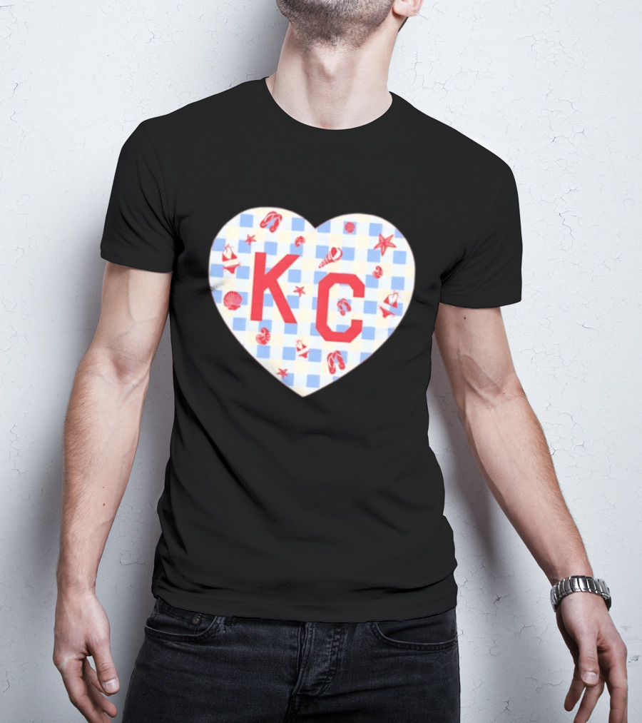 KC Heart Summertime Oatmeal Checkered Seashells And Starfish T-Shirt