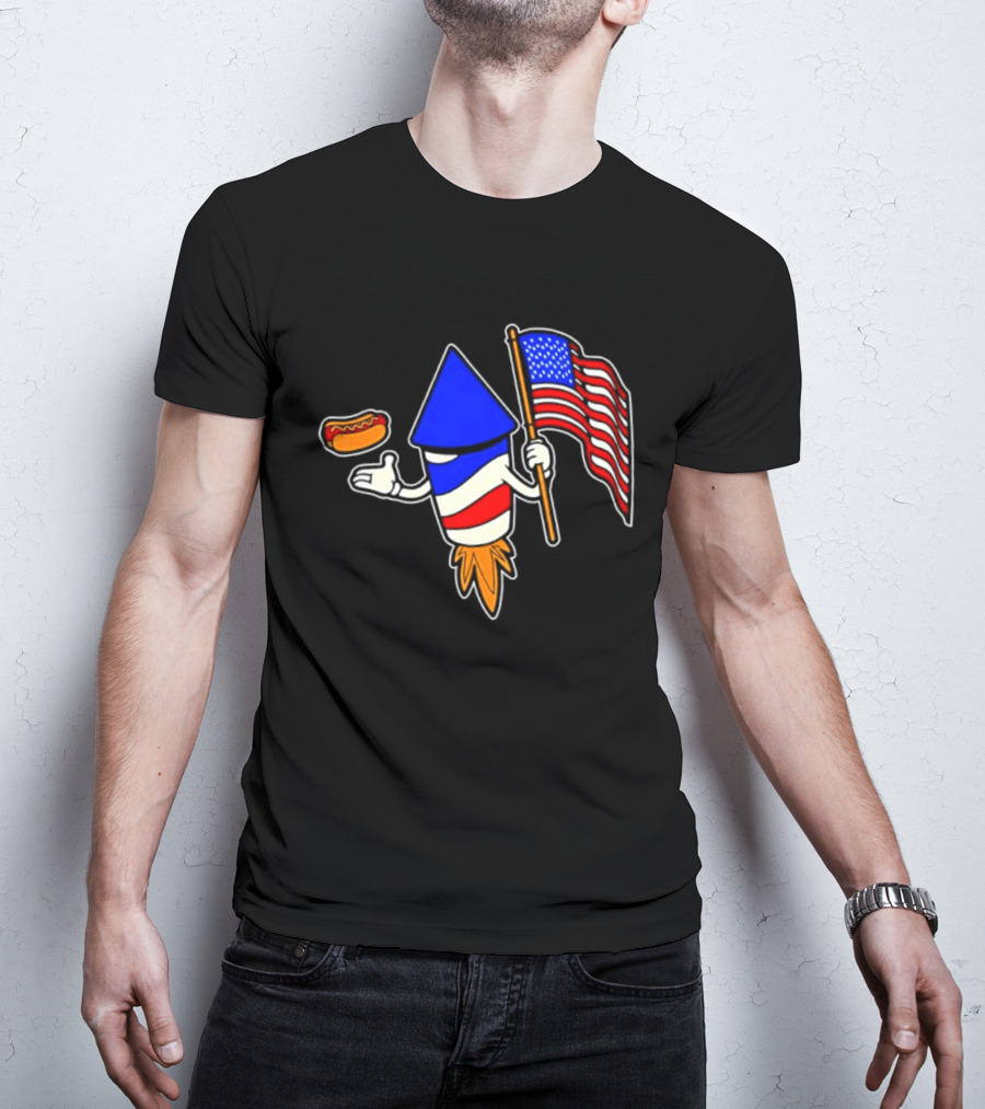 Fireworks Rocket American Flag And Hot Dog Celebration T-Shirt