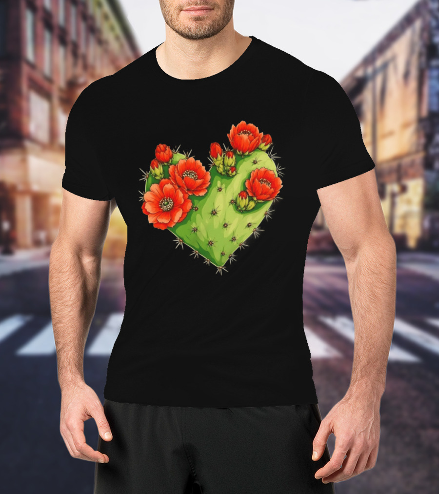 Heart Shaped Cactus With Vibrant Red Flowers T-Shirt