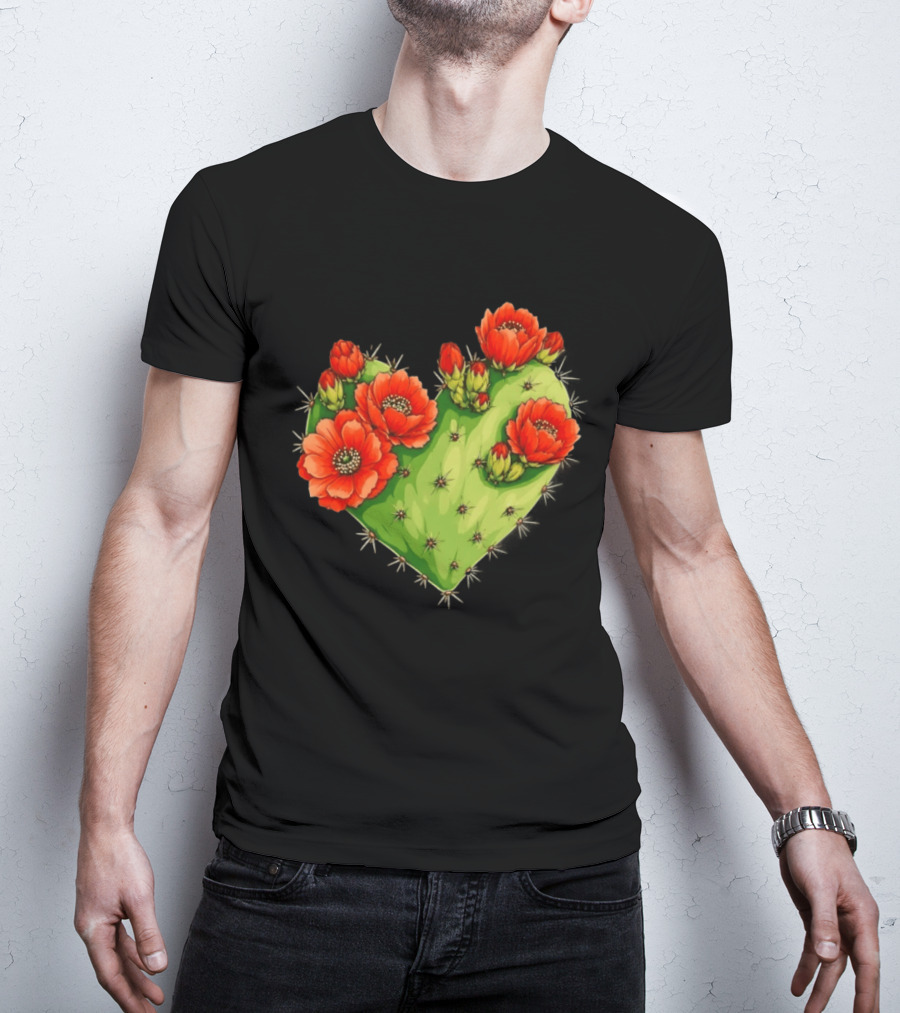 Heart Shaped Cactus With Vibrant Red Flowers T-Shirt