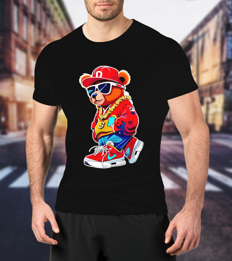 Hip Hop Teddy Bear Swag With Red Cap And Sunglasses T-Shirt