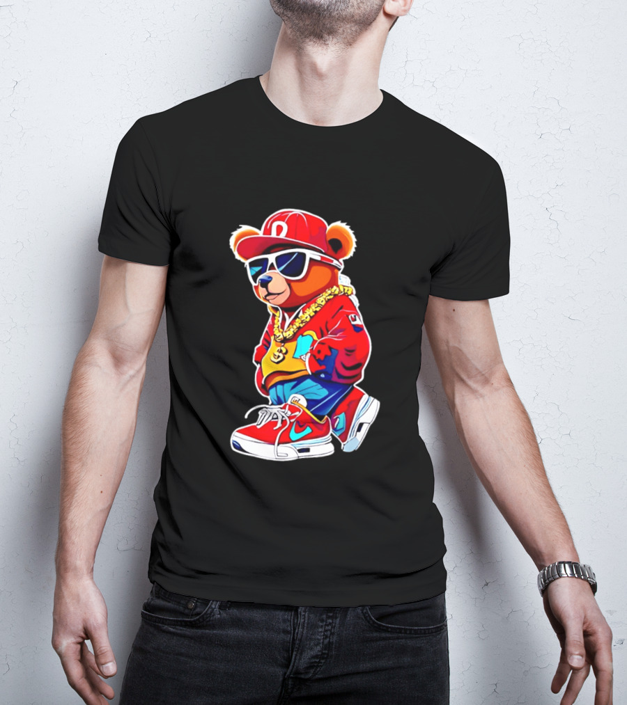 Hip Hop Teddy Bear Swag With Red Cap And Sunglasses T-Shirt