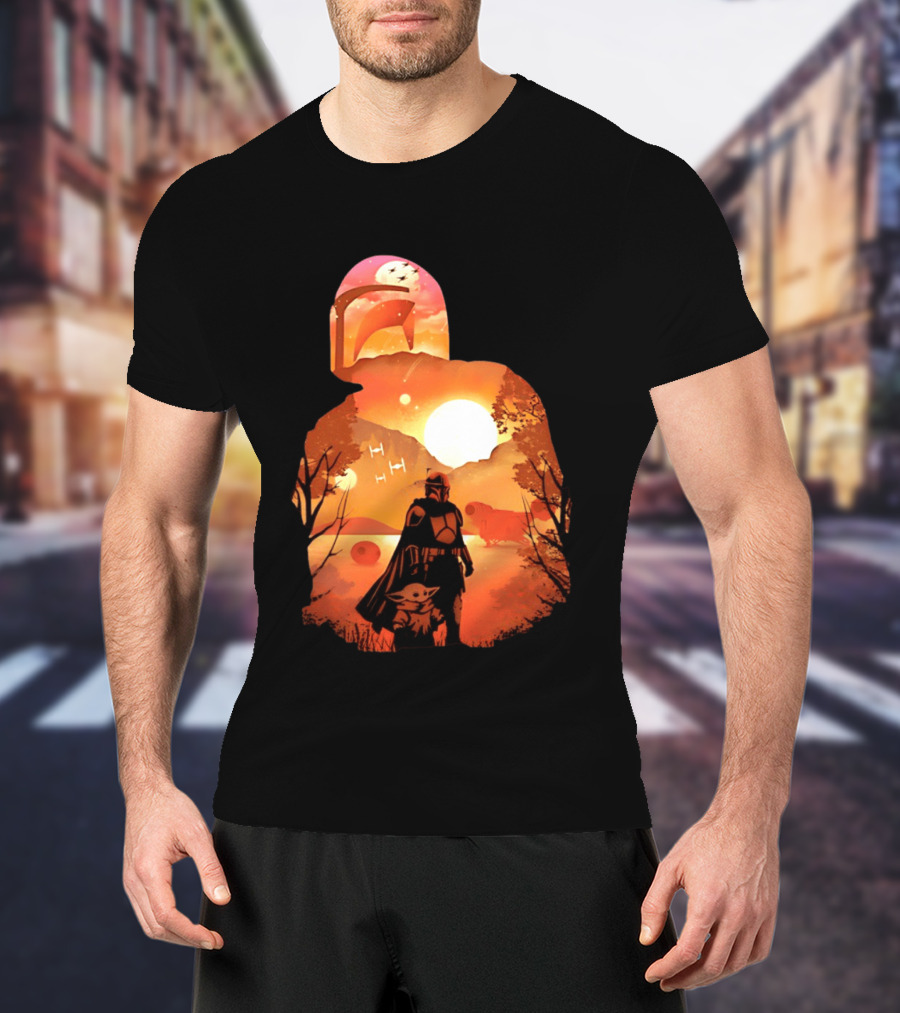 Hunting Companions Bounty Hunter Sunset Mandalorian Grogu Art By Dandingeroz T-Shirt