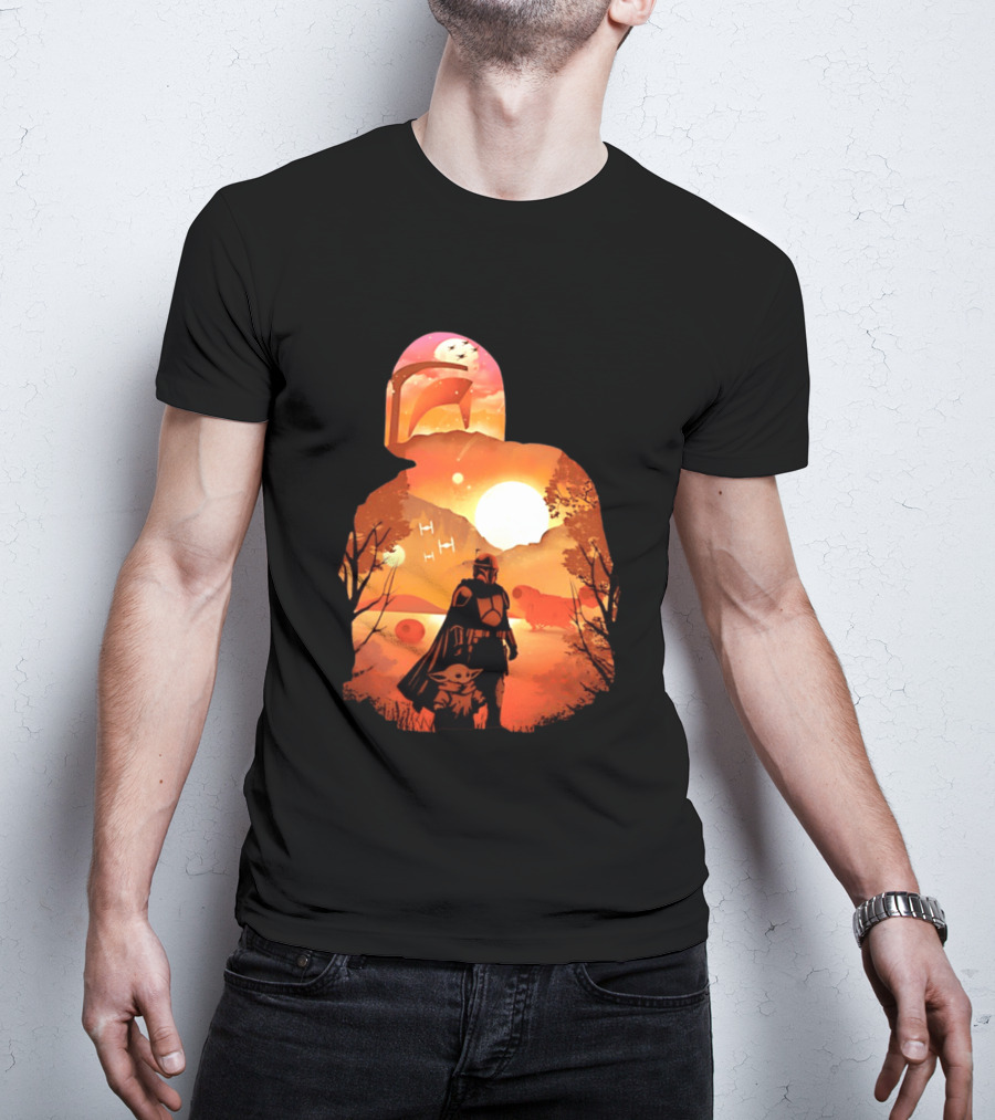Hunting Companions Bounty Hunter Sunset Mandalorian Grogu Art By Dandingeroz T-Shirt
