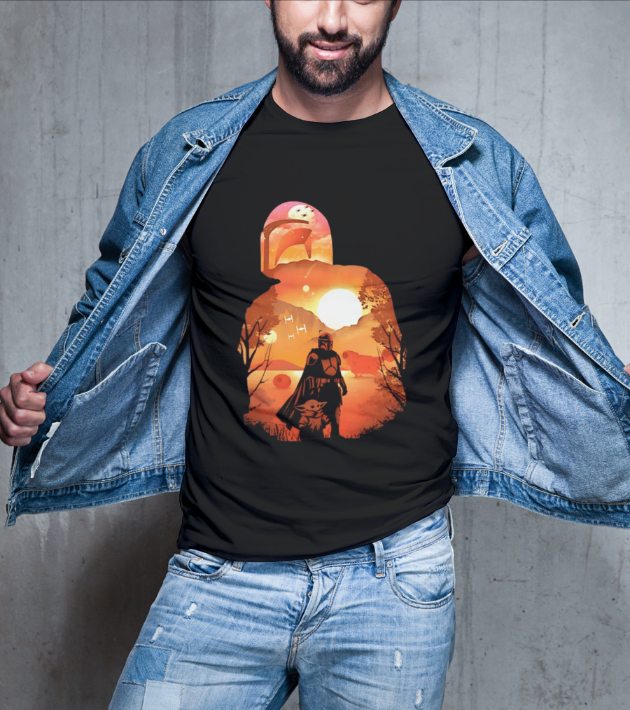 Hunting Companions Bounty Hunter Sunset Mandalorian Grogu Art By Dandingeroz T-Shirt