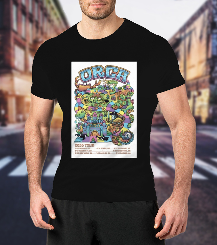 ORCA 2026 Tour Colorful Adventure Map Denver Asheville New York Boise Richmond Nashville Golden T-Shirt