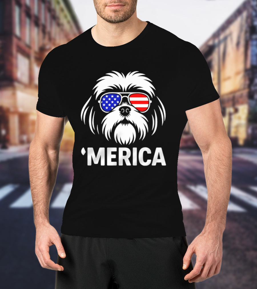 Shih Tzu Dog 'Merica American Flag Sunglasses T-Shirt