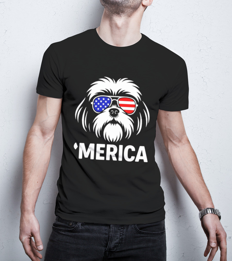 Shih Tzu Dog 'Merica American Flag Sunglasses T-Shirt