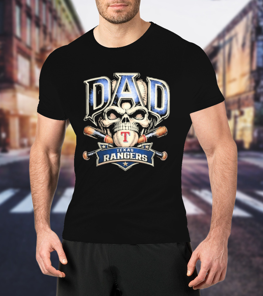 Dad Skull Baseball Crossed Bats Texas Rangers T-Shirt