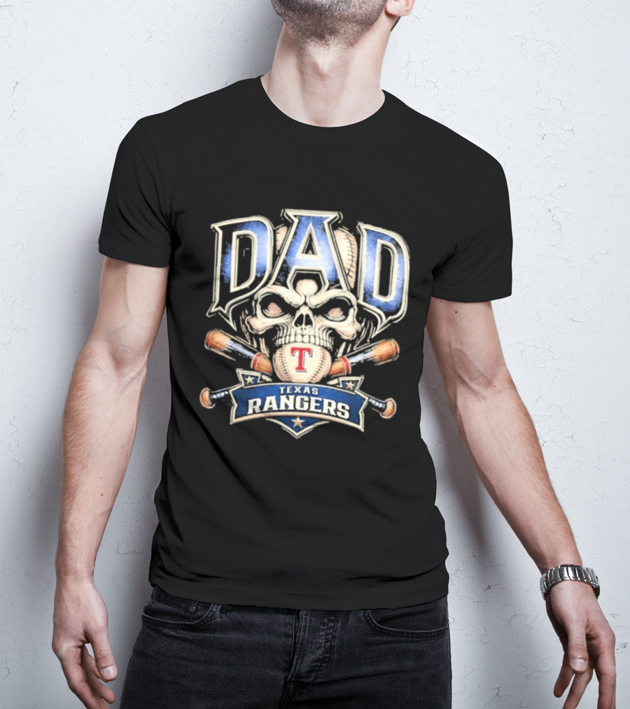 Dad Skull Baseball Crossed Bats Texas Rangers T-Shirt