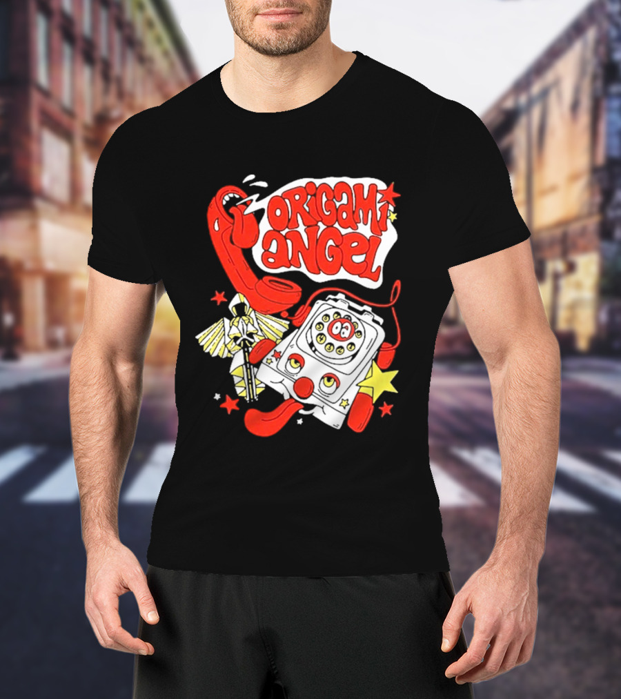 Origami Angel Retro Phone Illustration With Stars And Wings T-Shirt