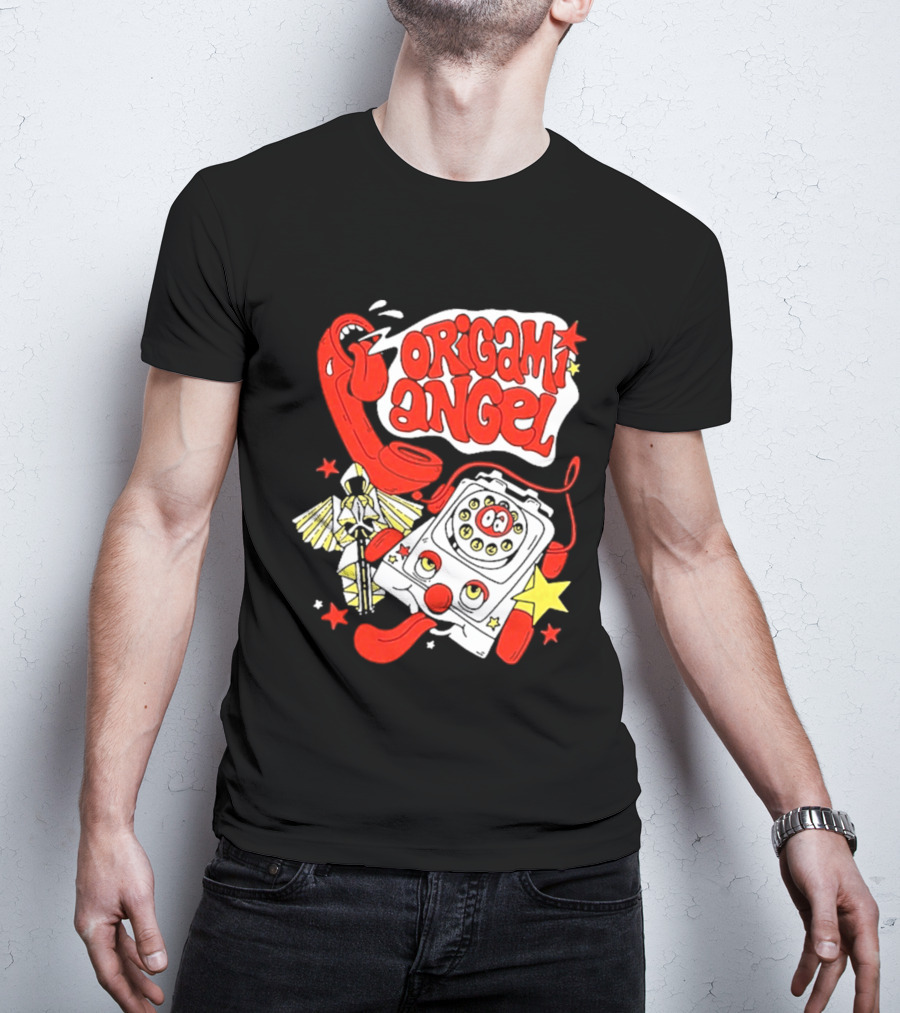 Origami Angel Retro Phone Illustration With Stars And Wings T-Shirt