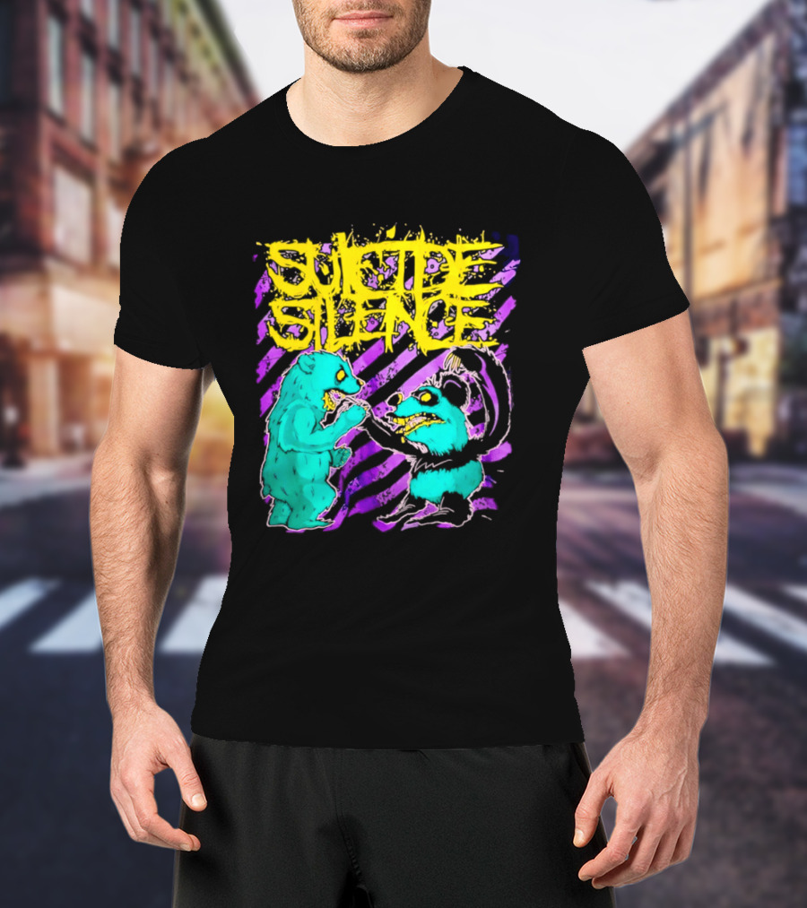Suicide Silence Bears And Pandas Face Off In Striped Painting T-Shirt