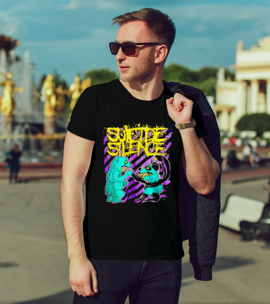 Suicide Silence Bears And Pandas Face Off In Striped Painting T-Shirt