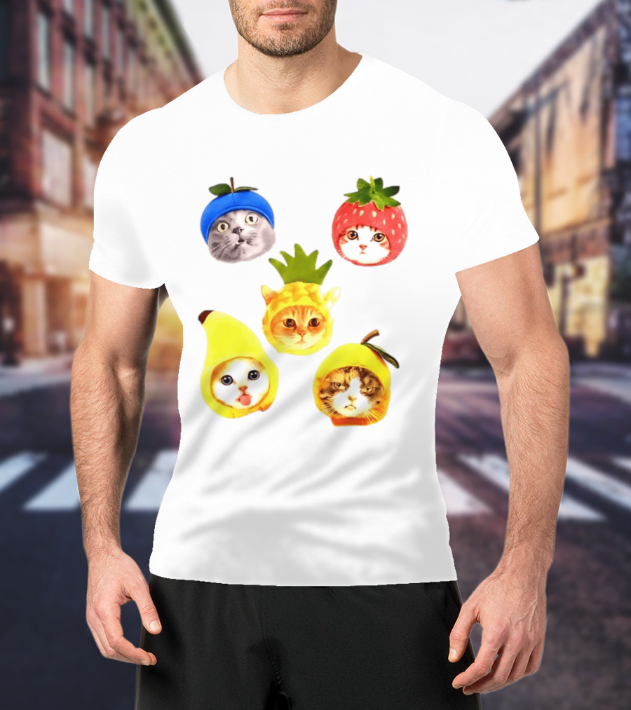 Whimsical Cats In Fruit Hats Blueberry Strawberry Pineapple Banana Apple T-Shirt