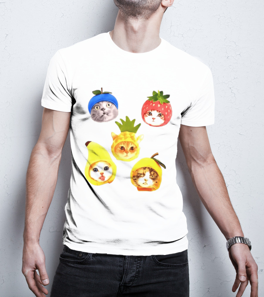 Whimsical Cats In Fruit Hats Blueberry Strawberry Pineapple Banana Apple T-Shirt