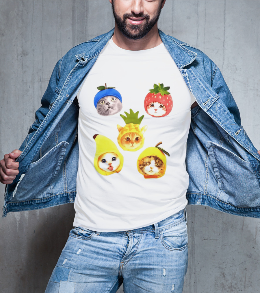 Whimsical Cats In Fruit Hats Blueberry Strawberry Pineapple Banana Apple T-Shirt
