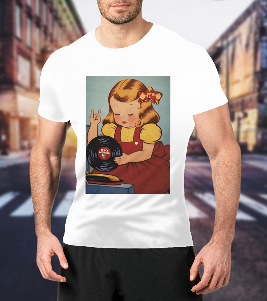 Girl Holding Black Sabbath Vinyl Heavy Metal T-Shirt