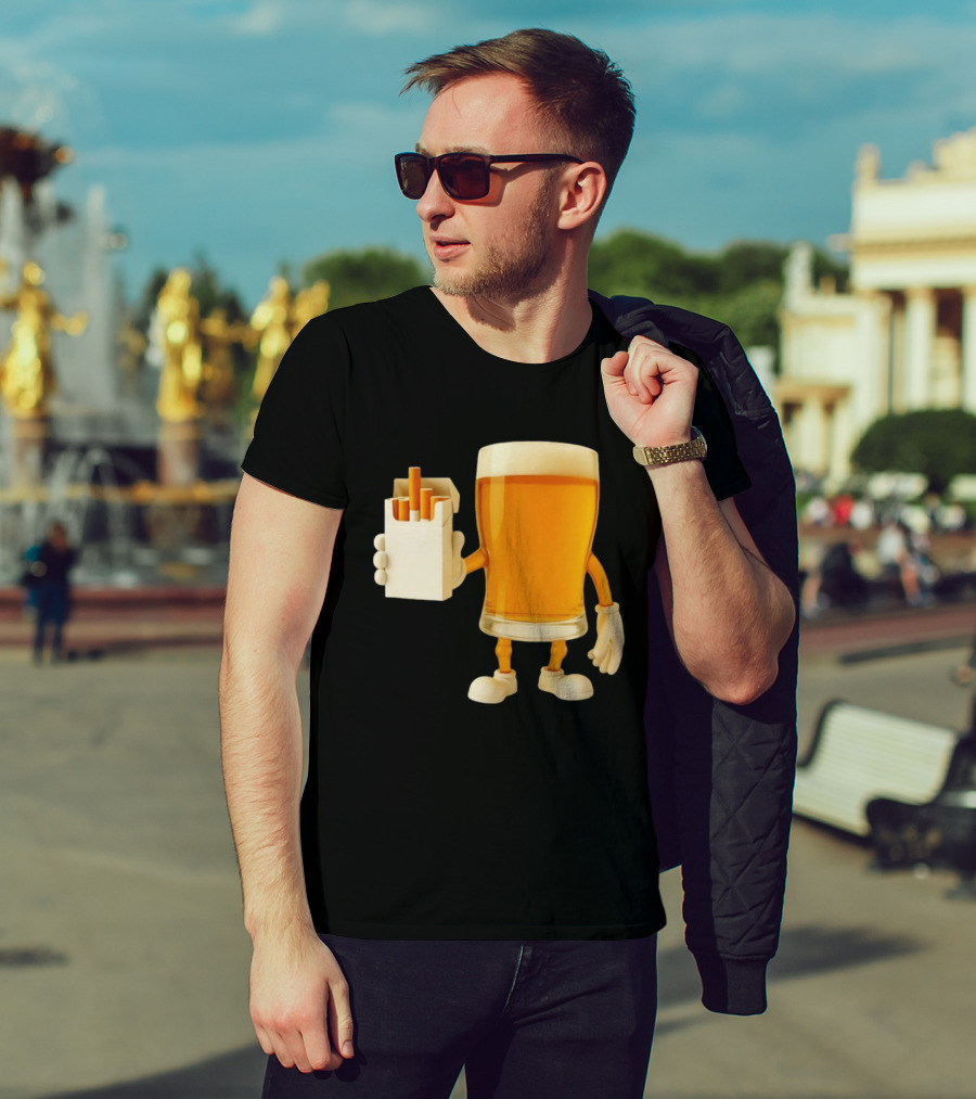 Beer Glass Holding Cigarettes Funny Drunk Cigs T-Shirt