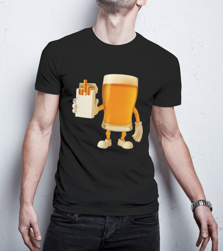 Beer Glass Holding Cigarettes Funny Drunk Cigs T-Shirt