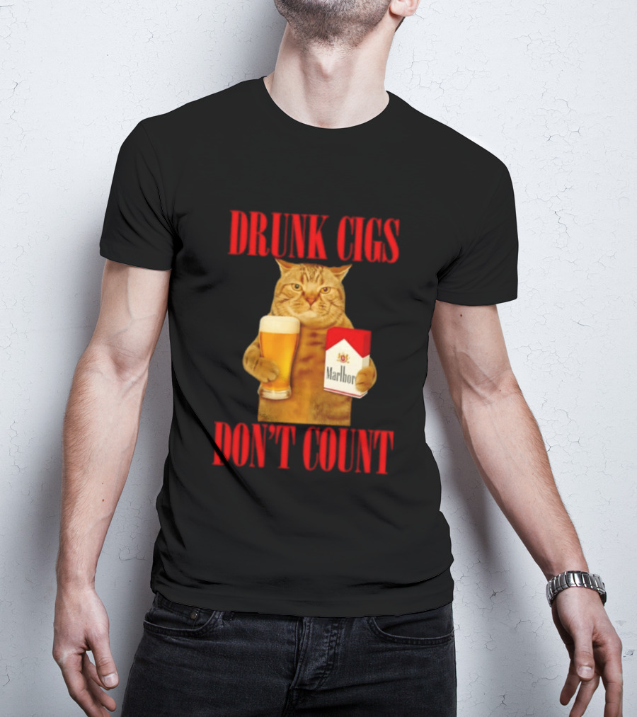 Drunk Cigs Don't Count Cat With Beer And Cigarette Pack T-Shirt