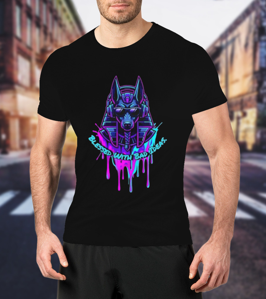 Blessed With Bad Ideas Anubis Headphones Neon Egyptian Mythology T-Shirt