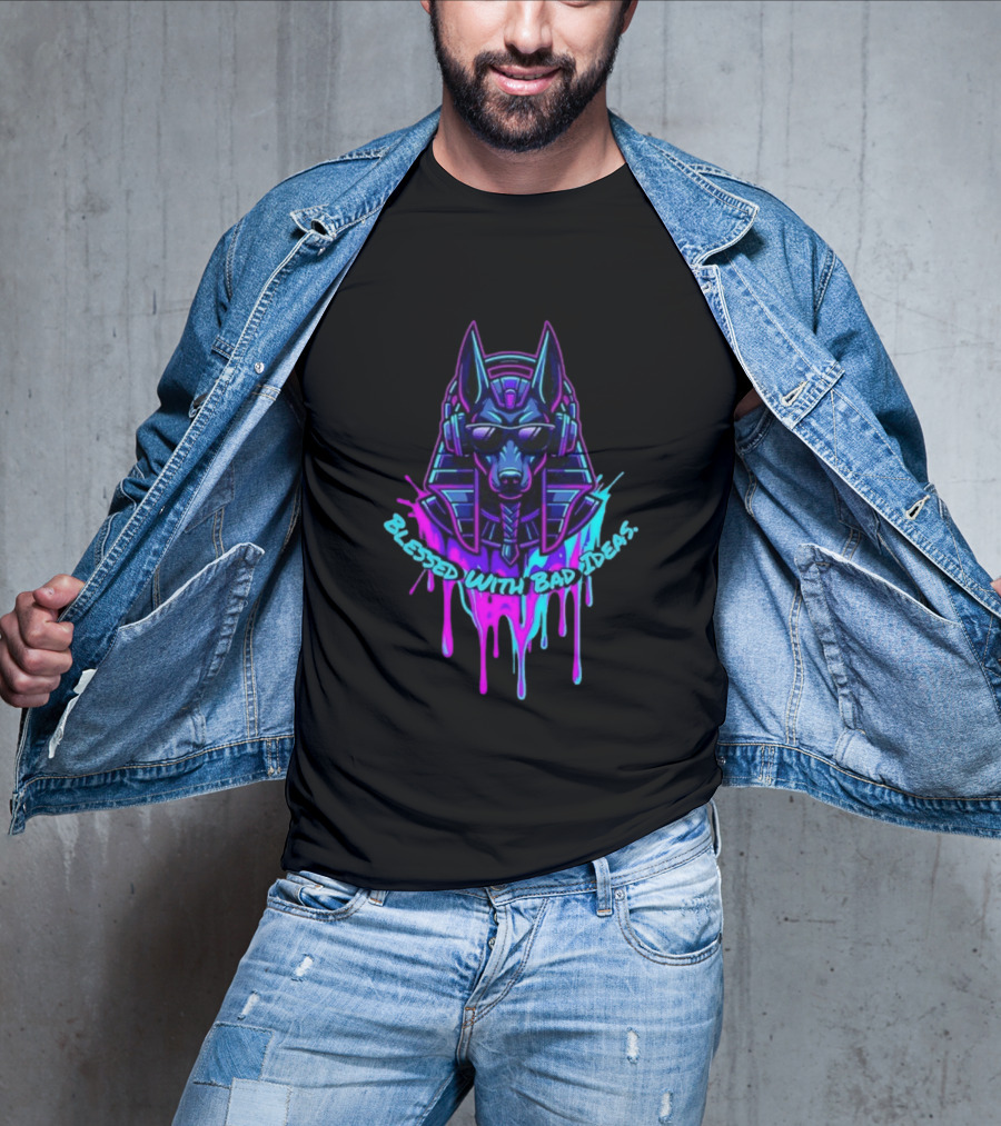 Blessed With Bad Ideas Anubis Headphones Neon Egyptian Mythology T-Shirt
