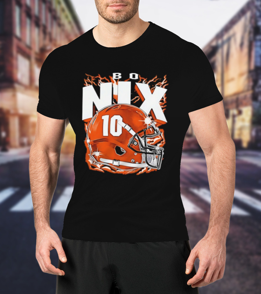 Bo Nix 10 Orange Football Helmet Flames T-Shirt