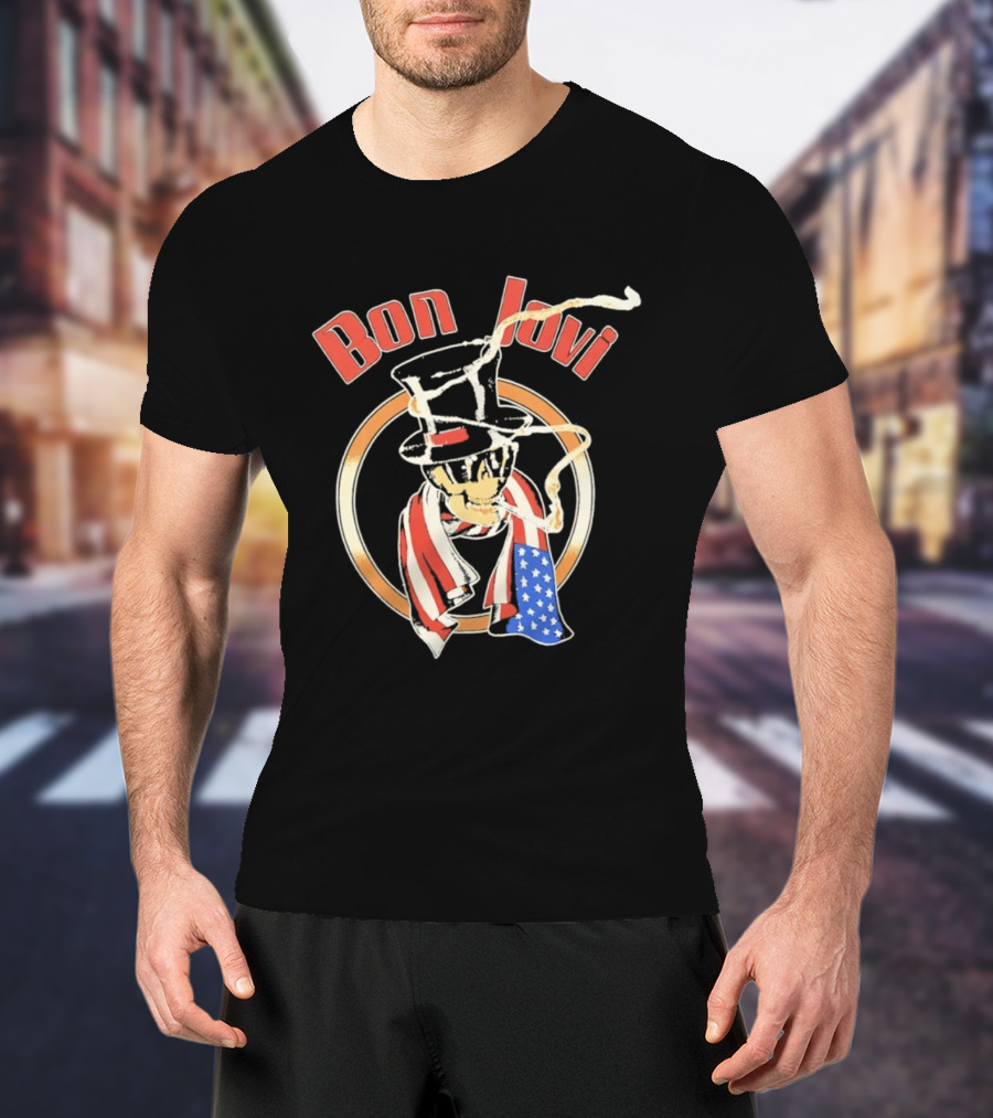 Bon Jovi American Skull With Patriotic Top Hat And Flag Scarf T-Shirt