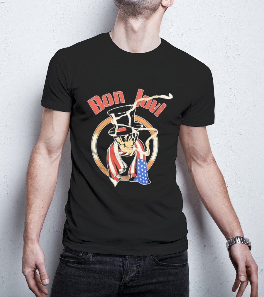 Bon Jovi American Skull With Patriotic Top Hat And Flag Scarf T-Shirt