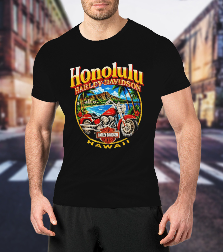 Honolulu Hawaii Harley Davidson Motorcycles Scenic Beach And Red Bike T-Shirt