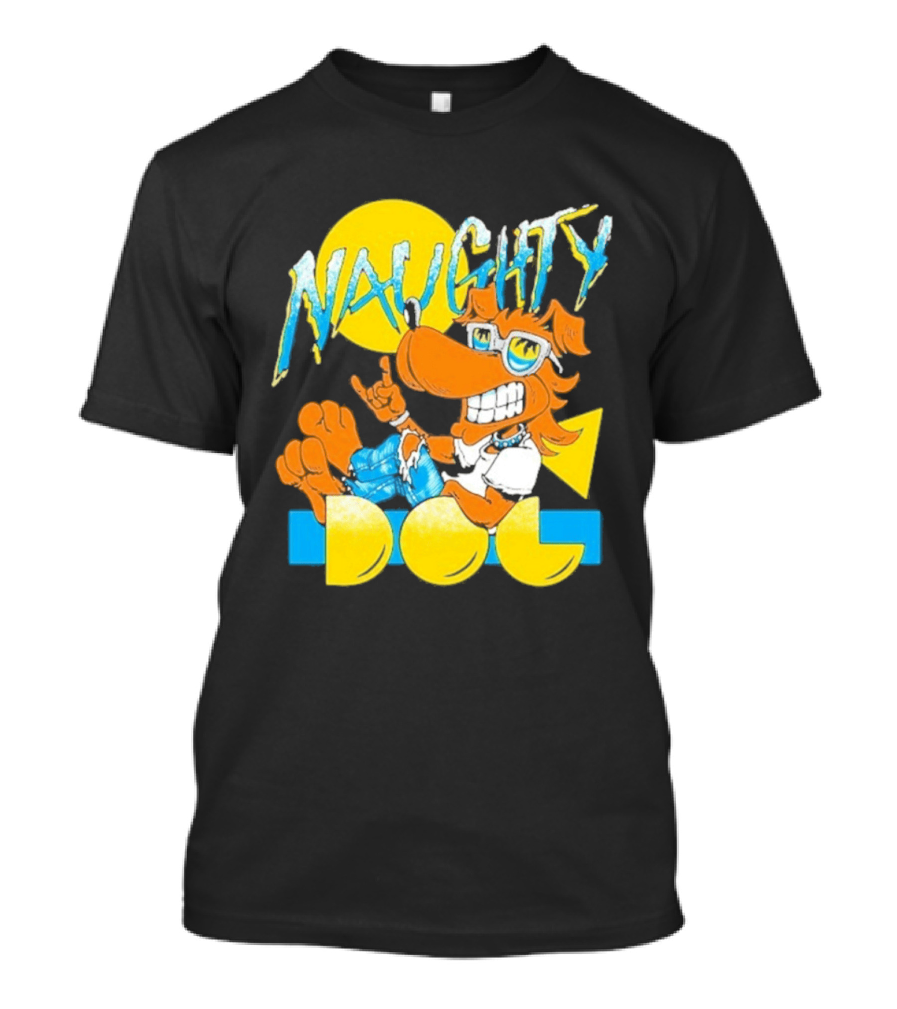 Naughty Dog Retro Cartoon Character With Sunglasses And Sunburst T-Shirt