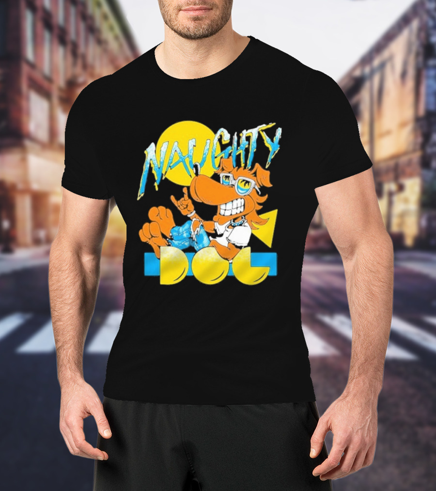 Naughty Dog Retro Cartoon Character With Sunglasses And Sunburst T-Shirt