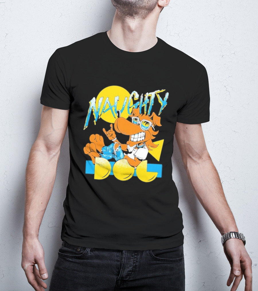 Naughty Dog Retro Cartoon Character With Sunglasses And Sunburst T-Shirt