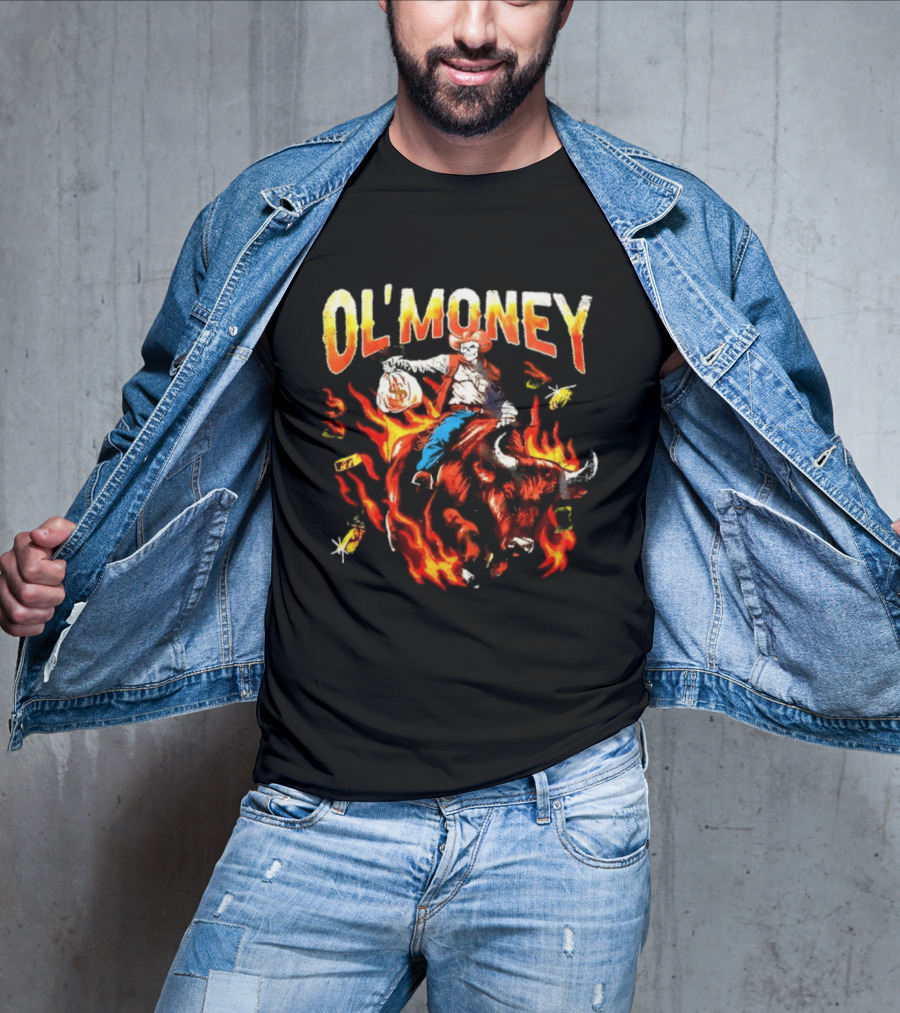 Ol' Money RSN Brand Skeleton Cowboy Riding Flaming Bull T-Shirt