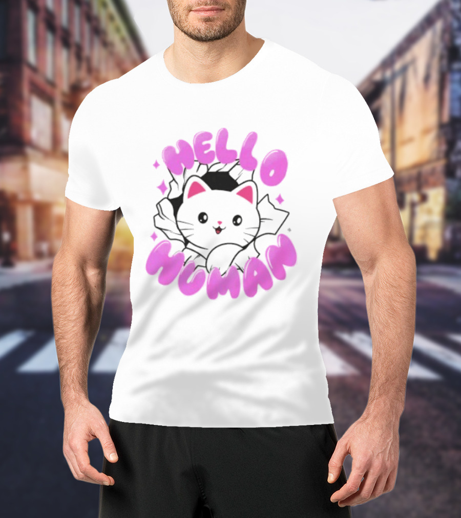 Hello Human Kawaii Cat Kitten Cute Pink T-Shirt
