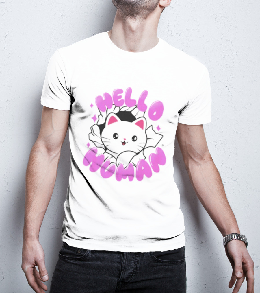 Hello Human Kawaii Cat Kitten Cute Pink T-Shirt