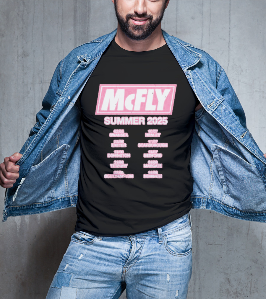 McFly Summer 2025 Tour Dates Swansea Exeter Donington Tetbury Southampton Henley Scarborough Bedford Margate Norwich T-Shirt