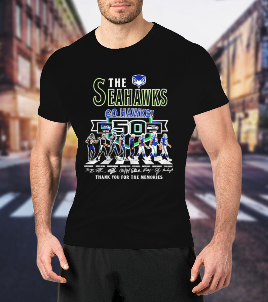 The Seahawks Go Hawks 50th Anniversary Thank You For The Memories 1976 2026 Signatures T-Shirt