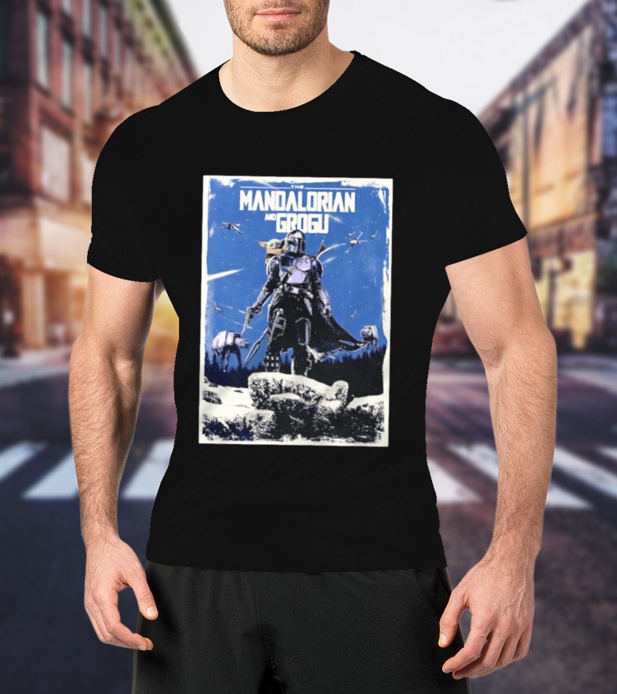 The Mandalorian And Grogu Star Wars Baby Yoda Scene With AT AT And X Wings T-Shirt
