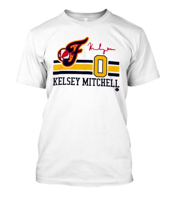 Kelsey Mitchell Indiana Fever No. 0 F Logo And Signature T-Shirt