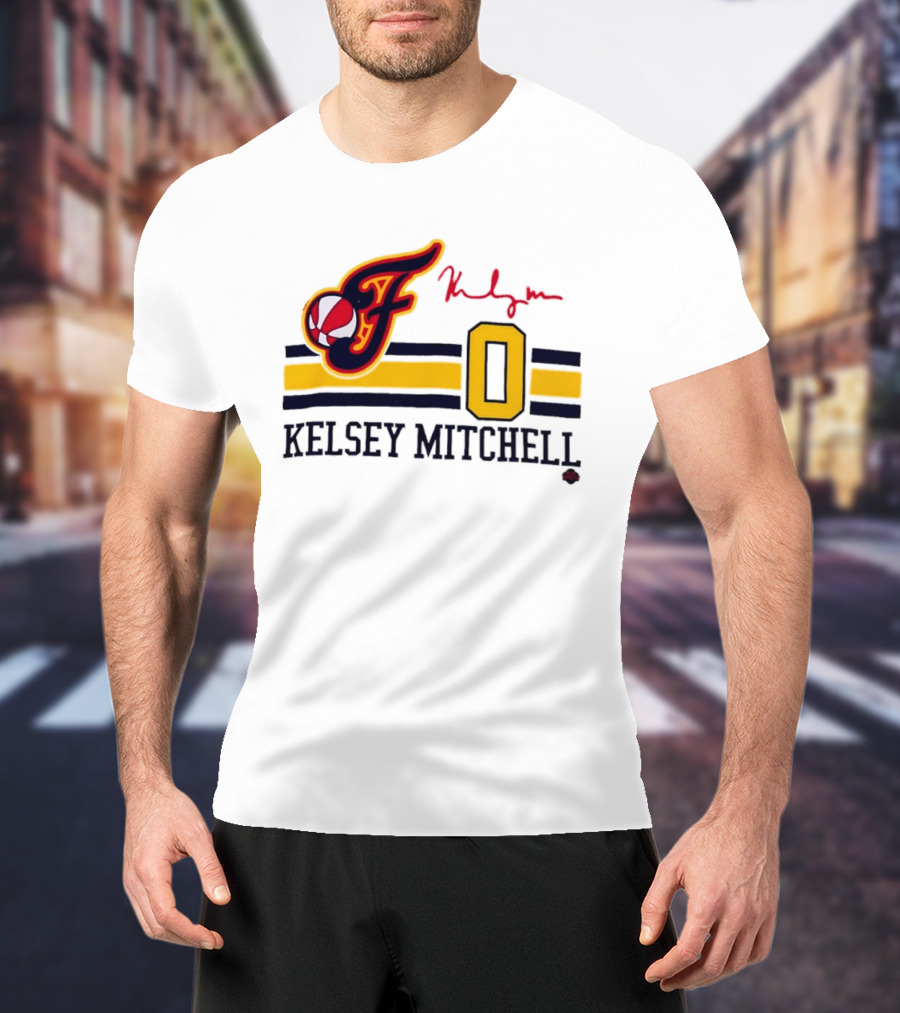 Kelsey Mitchell Indiana Fever No. 0 F Logo And Signature T-Shirt