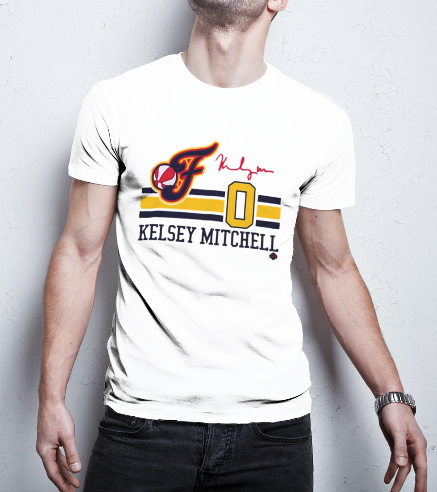 Kelsey Mitchell Indiana Fever No. 0 F Logo And Signature T-Shirt
