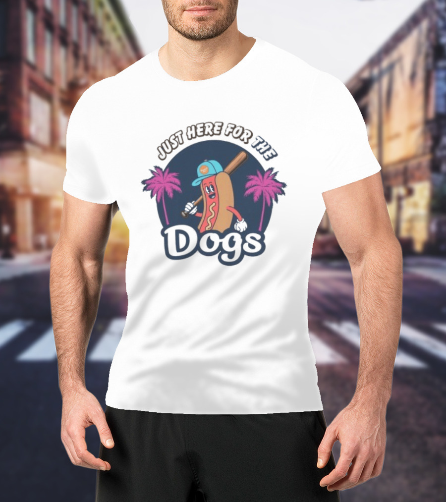 Just Here For The Dogs Cartoon Hot Dog Baseball Palm Trees T-Shirt