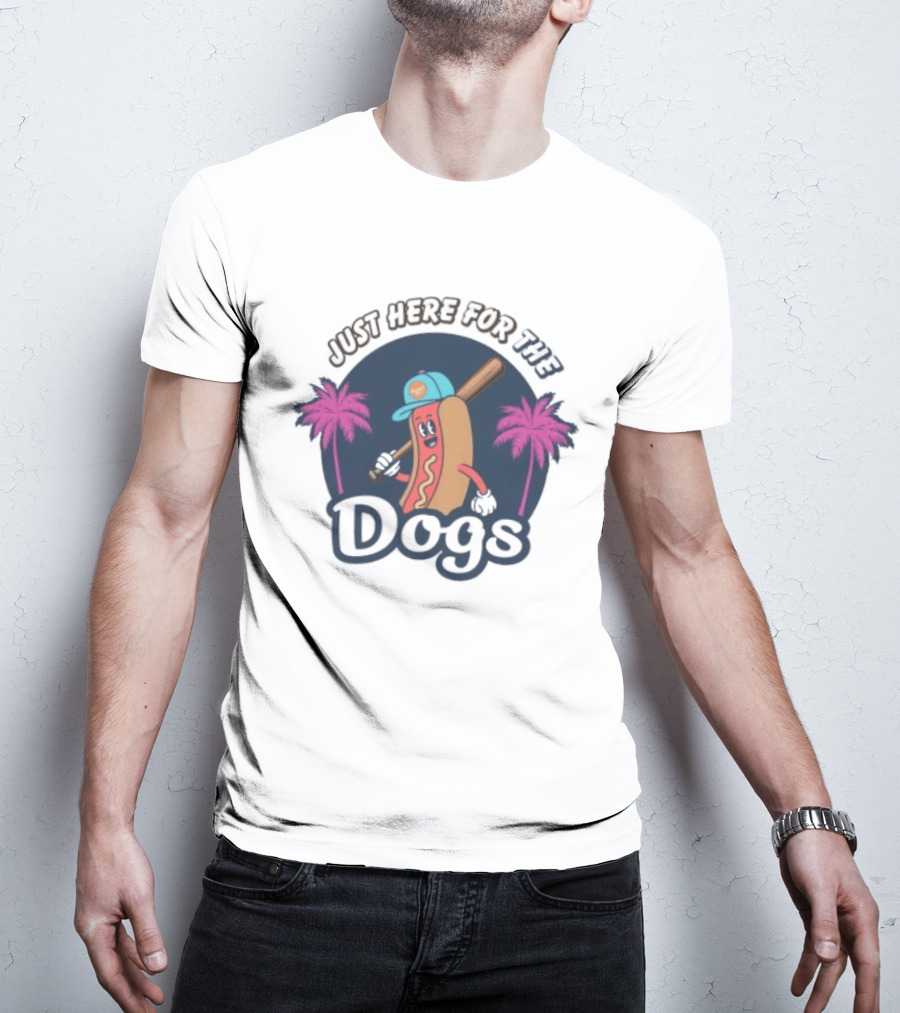 Just Here For The Dogs Cartoon Hot Dog Baseball Palm Trees T-Shirt